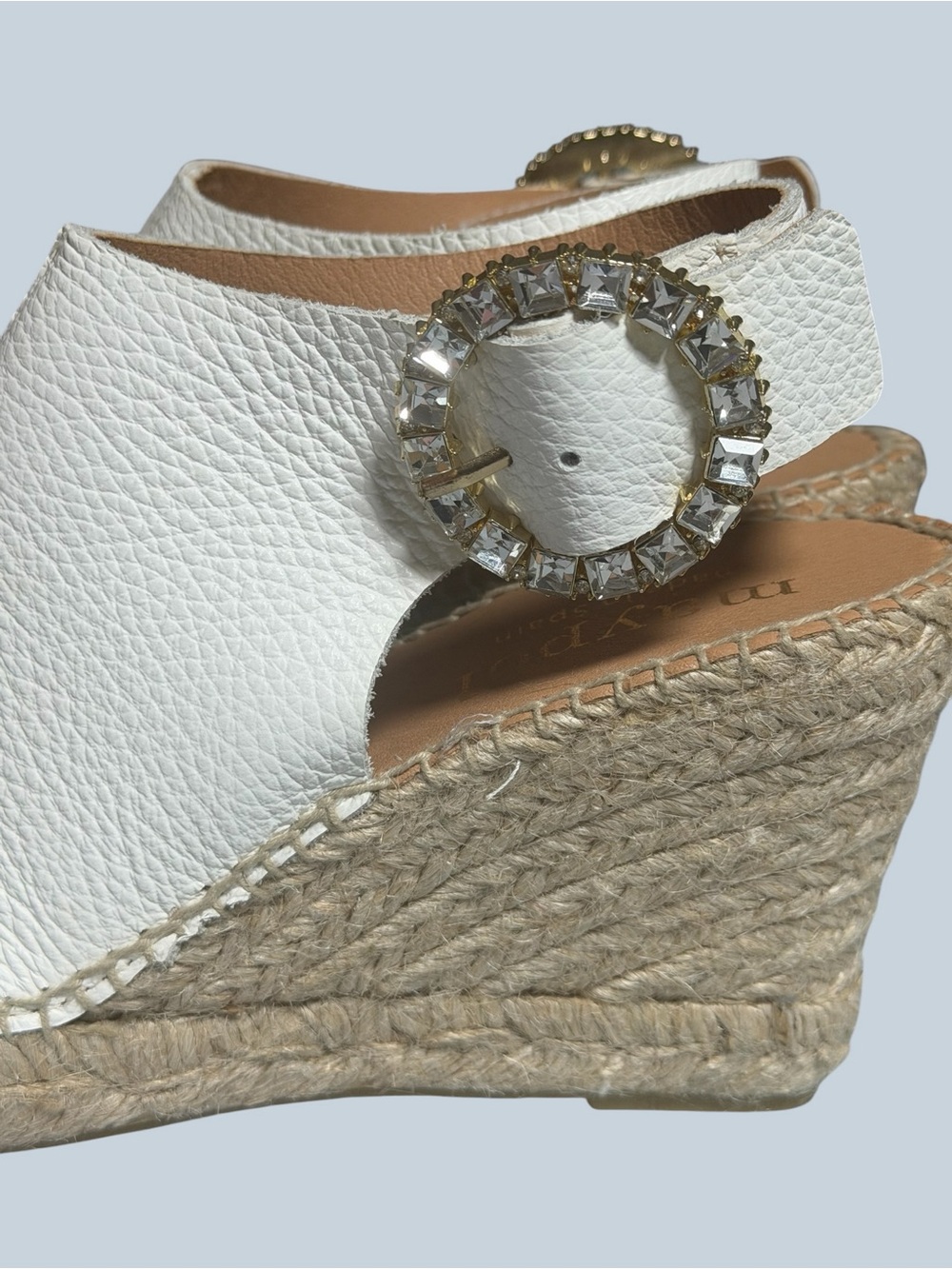 Maypol Made in Spain White Espadrille Wedge Sandals with Rhinestone Buckle - Picture 3 of 16